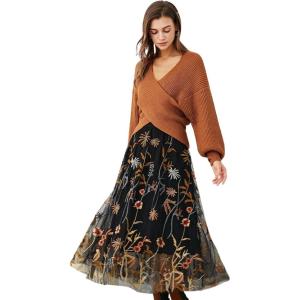 imageCHICWISH Women Floral Embroidered Tulle Skirt Flared A Line High Elastic Waist Mesh DoubleLayered Midi SkirtBlack