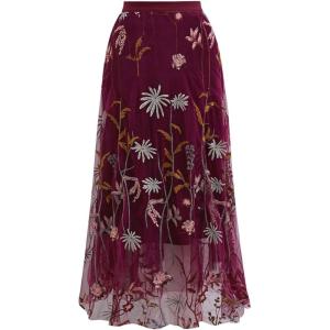 imageCHICWISH Women Floral Embroidered Tulle Skirt Flared A Line High Elastic Waist Mesh DoubleLayered Midi SkirtBurgundy