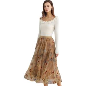 imageCHICWISH Women Floral Embroidered Tulle Skirt Flared A Line High Elastic Waist Mesh DoubleLayered Midi SkirtCamel