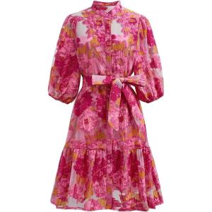 imageCHICWISH Women Floral Jacquard Mini Dress Puff Sleeves Mock Neck Button Garedn Party Organza Casual Dress with BeltHot Pink