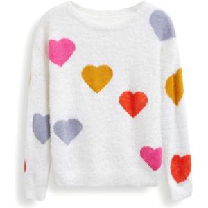 imageCHICWISH Women Fuzzy Knitted Sweater Colorful Heart Long Sleeve Pullover Tops Crewneck Casual Chunky Valentines SweatersWhite