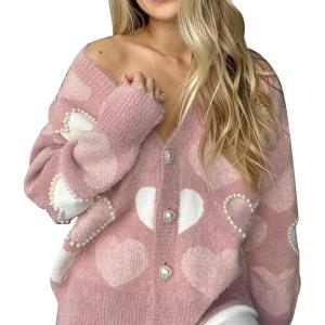 imageCHICWISH Women Fuzzy Pearl Heart Knit Cardigan Romantic V Neck Button Long Sleeve Valentines Holiday Soft Sweater CardigansPink Pearly Cardigan