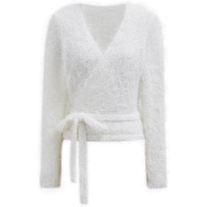 imageCHICWISH Women Fuzzy V Neck Wrap Knit Top Tie Waist Knot Long Sleeve Soft Pullover Sweater Casual Fall Winter Solid TopWhite