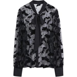 imageCHICWISH Women Mesh Tops Velvet Bats Printed Casual Shirt Self Tie Knot V Neck Long Sleeve Halloween Holiday Buttoned BlouseBlack