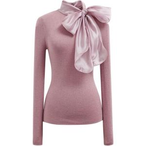 imageCHICWISH Women Organza Bowknot Neck Knit Top Long Sleeve Elegant Slim Fitted Fall Casual Solid Pullover TopsDusty Pink