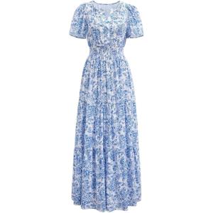 imageCHICWISH Women Short Bubble Sleeves Cotton Maxi Dress Flower Printed V Neck Elastic Waist Casual Red Long Summer DressesBlue
