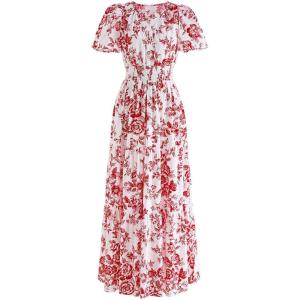 imageCHICWISH Women Short Bubble Sleeves Cotton Maxi Dress Flower Printed V Neck Elastic Waist Casual Red Long Summer DressesRed