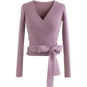 imageCHICWISH Womens BlackLilac VNeck TieWaist Bowknot Wrap Knit TopLilac