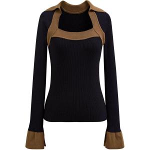 imageCHICWISH Womens Long Sleeve Fall Fashion BlackCream Square Neck Knit Top Split Bell Cuffs Pullover Casual SweaterBlack