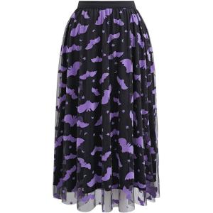 imageCHICWISH Womens Pumpkin Tulle Tutu Skirt Velvet Bats Elastic Waist Halloween Party Layered Mesh Midi SkirtBlack