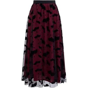 imageCHICWISH Womens Pumpkin Tulle Tutu Skirt Velvet Bats Elastic Waist Halloween Party Layered Mesh Midi SkirtBurgundy