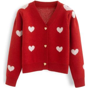 imageCHICWISH Womens RedIvory Soft Heart Cropped Knit CardiganRed