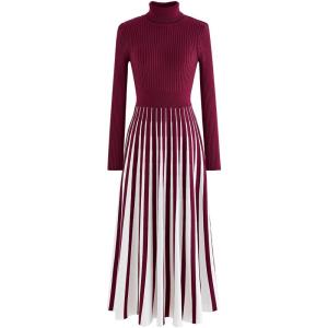 imageCHICWISH Womens Stripe Print Turtleneck Knit Midi DressBurgundy