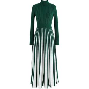 imageCHICWISH Womens Stripe Print Turtleneck Knit Midi DressDark Green