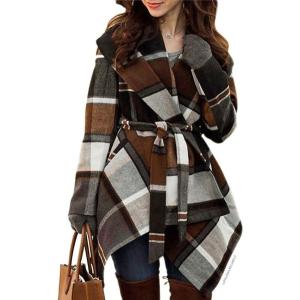 imageCHICWISH Womens Turn Down Shawl Collar Earth Tone Check Asymmetric Hemline Wool Blend CoatBrown