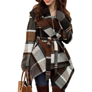 imageCHICWISH Womens Turn Down Shawl Collar Earth Tone Check Asymmetric Hemline Wool Blend CoatBrownnew