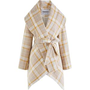imageCHICWISH Womens Turn Down Shawl Collar Earth Tone Check Asymmetric Hemline Wool Blend CoatCamel