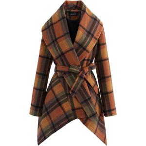 imageCHICWISH Womens Turn Down Shawl Collar Earth Tone Check Asymmetric Hemline Wool Blend CoatCaramel