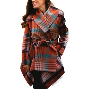 imageCHICWISH Womens Turn Down Shawl Collar Earth Tone Check Asymmetric Hemline Wool Blend CoatCoral