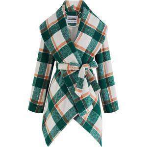 imageCHICWISH Womens Turn Down Shawl Collar Earth Tone Check Asymmetric Hemline Wool Blend CoatGreen