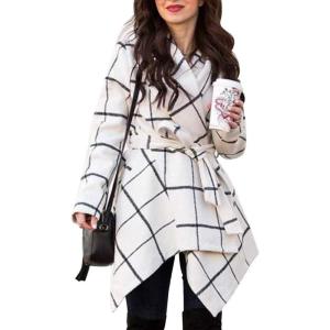 imageCHICWISH Womens Turn Down Shawl Collar Earth Tone Check Asymmetric Hemline Wool Blend CoatGrid in Offwhite