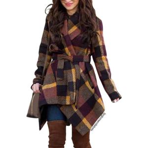 imageCHICWISH Womens Turn Down Shawl Collar Earth Tone Check Asymmetric Hemline Wool Blend CoatPlum