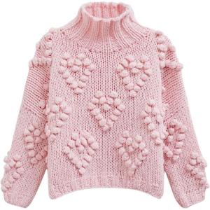 imageCHICWISH Womens Turtleneck Sweater Heart Pom Pom Pullover Sweaters Long Sleeve Loose Chunky Knit Sweater TopsPink
