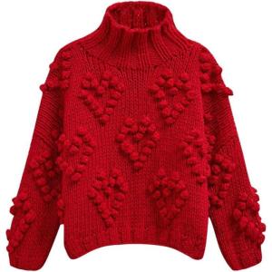 imageCHICWISH Womens Turtleneck Sweater Heart Pom Pom Pullover Sweaters Long Sleeve Loose Chunky Knit Sweater TopsRed