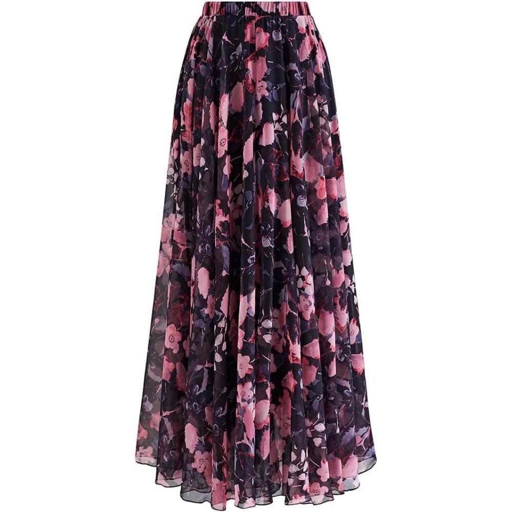 imageCHICWISH Womens Floral Watercolor Flower Maxi Floral Chiffon Slip SkirtGorgeous Pink Floral