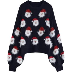 imageCHICWISH Womens BlackGreenPinkRed Fuzzy Santa Claus Knit TopBlack