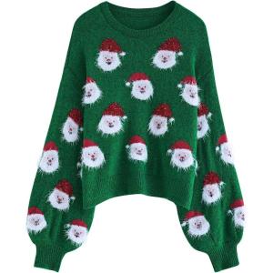 imageCHICWISH Womens BlackGreenPinkRed Fuzzy Santa Claus Knit TopGreen