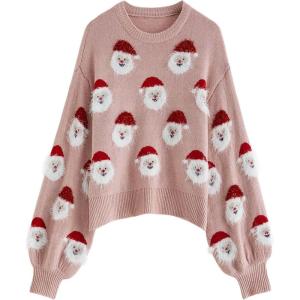 imageCHICWISH Womens BlackGreenPinkRed Fuzzy Santa Claus Knit TopPink