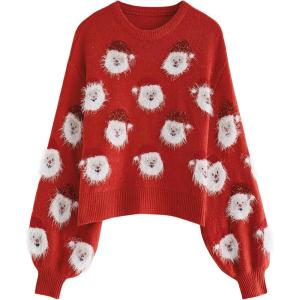 imageCHICWISH Womens BlackGreenPinkRed Fuzzy Santa Claus Knit TopRed