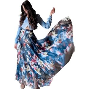 imageCHICWISH Womens Floral Watercolor Flower Maxi Floral Chiffon Slip SkirtBlue Flowy Floral