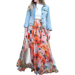 imageCHICWISH Womens Floral Watercolor Flower Maxi Floral Chiffon Slip SkirtOrange