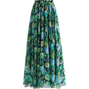 imageCHICWISH Womens Floral Watercolor Flower Maxi Floral Chiffon Slip SkirtVibrant Green Floral