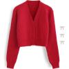 imageCHICWISH Women Crop Cardigan Sweaters Bowknot Brooch Button Knit Cardigans Open Front Long Sleeves Sweater TopsRed
