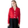 imageCHICWISH Women Crop Cardigan Sweaters Bowknot Brooch Button Knit Cardigans Open Front Long Sleeves Sweater TopsRed