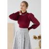 imageCHICWISH Womens Mock Neck Satin Spliced Bubble Sleeves Knit TopBubble Sleevesburgundy