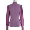 imageCHICWISH Womens Mock Neck Satin Spliced Bubble Sleeves Knit TopBubble Sleevesviolet