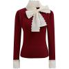 imageCHICWISH Women Bowknot Long Sleeve Knit Top Embroidered Eyelet Elegant Ribbed Pullover Tops JumperRed