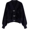 imageCHICWISH Women Crop Fuzzy Cardigan Bowknot Brooch Button Knit Cardigans Open Front Long Sleeves Sweater TopsBlack Fuzzy