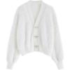 imageCHICWISH Women Crop Fuzzy Cardigan Bowknot Brooch Button Knit Cardigans Open Front Long Sleeves Sweater TopsWhite Fuzzy