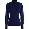 imageCHICWISH Womens Mock Neck Satin Spliced Bubble Sleeves Knit TopBubble Sleevesnavy