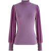 imageCHICWISH Womens Mock Neck Satin Spliced Bubble Sleeves Knit TopBubble Sleevesviolet