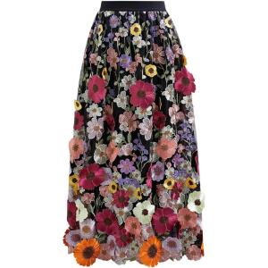 imageCHICWISH Women 3D Floral Applique Embroidery Maxi Skirt Elastic High Waist ALine Garden Party Mesh Tulle SkirtBlack