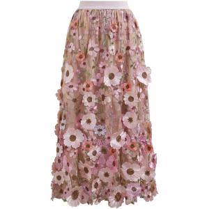 imageCHICWISH Women 3D Floral Applique Embroidery Maxi Skirt Elastic High Waist ALine Garden Party Mesh Tulle SkirtDusty Pink