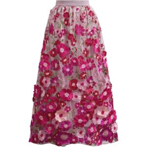 imageCHICWISH Women 3D Floral Applique Embroidery Maxi Skirt Elastic High Waist ALine Garden Party Mesh Tulle SkirtMagenta