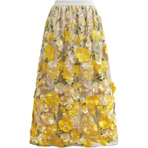 imageCHICWISH Women 3D Floral Applique Embroidery Maxi Skirt Elastic High Waist ALine Garden Party Mesh Tulle SkirtYellow