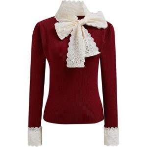 imageCHICWISH Women Bowknot Long Sleeve Knit Top Embroidered Eyelet Elegant Ribbed Pullover Tops JumperRed